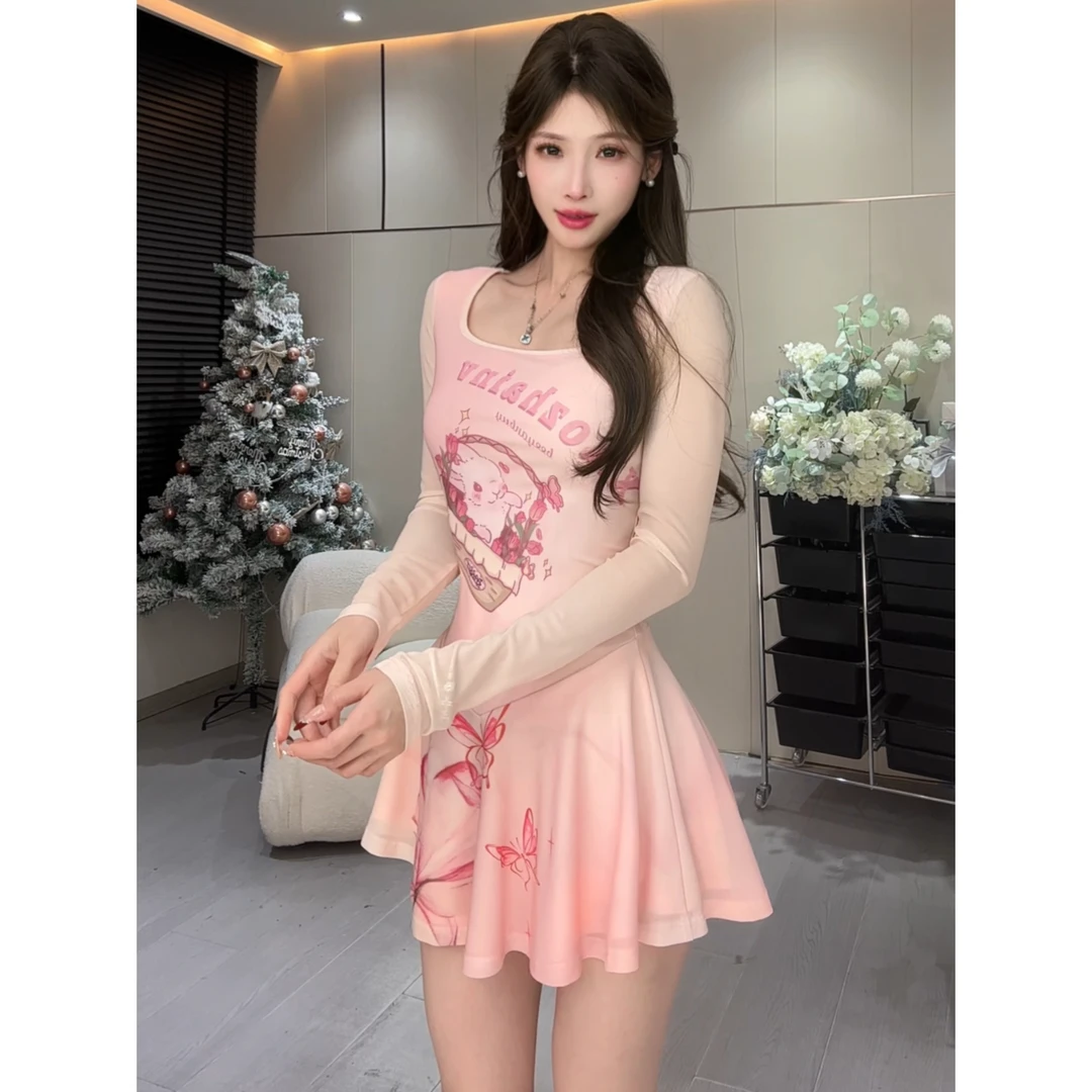 【水稻推荐】芭蕾感印花方领纽扣显瘦甜美长袖连衣裙LZQ81-2