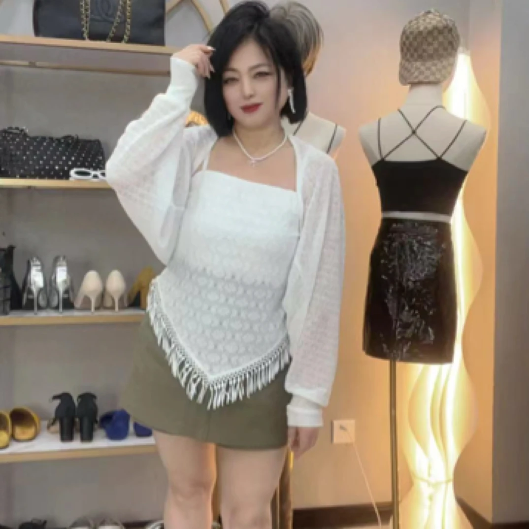 【月姐家大码女装】防晒罩衫流苏吊带背心牛仔拉链短裤裙