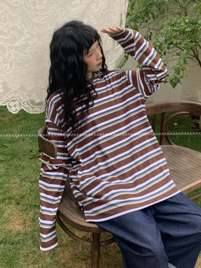 火火【小青芒】新款春夏设计款可拆卸条纹T恤女宽松显瘦长短袖百搭