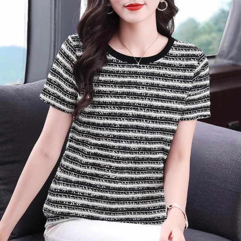 2025年爆款小衫胖mm气质女士上衣圆领宽松显瘦条纹t恤短袖女夏季