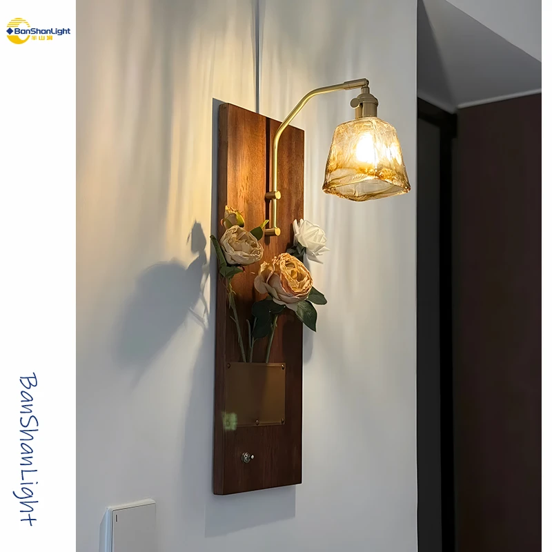 中古侘寂小众复古客厅卧室床头玄关过道民宿咖啡厅木板免布线壁灯