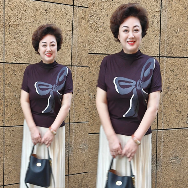 夏季蝴蝶结气质休闲T恤半高领蝴蝶针织显瘦女士印花洋气短袖 076