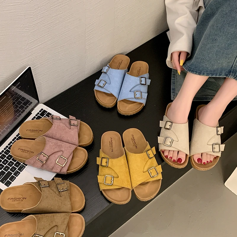 勃肯拖鞋反绒面软木厚底双排扣一字拖外穿休闲度假沙滩博肯拖鞋女