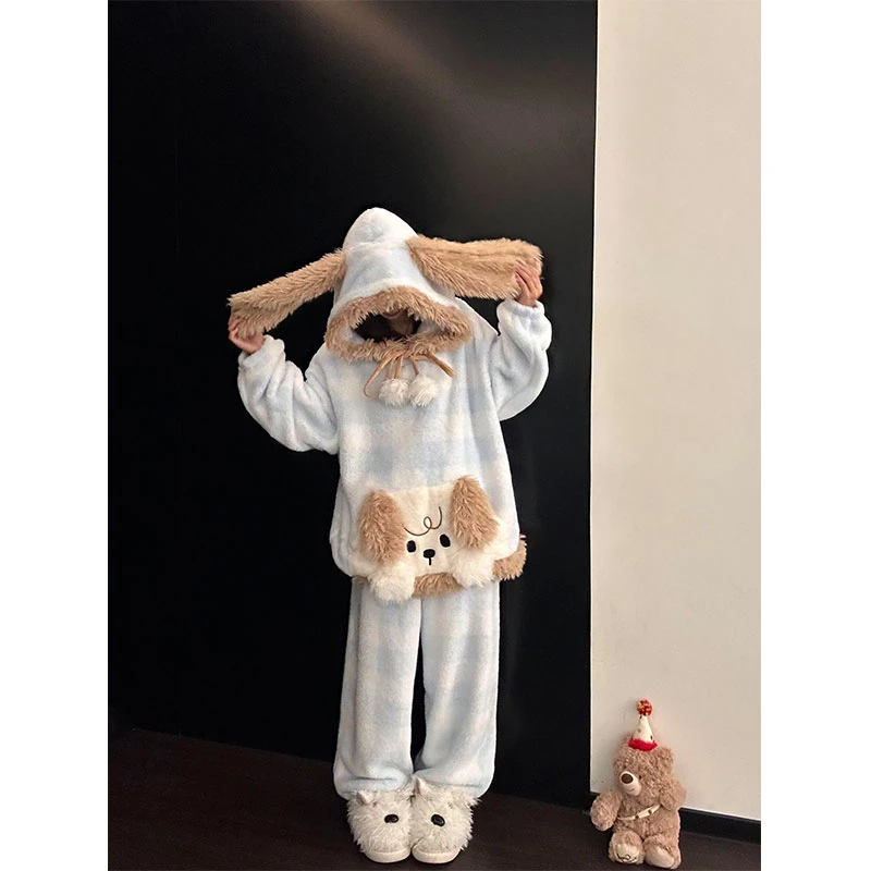 少女可爱小狗连帽珊瑚绒睡衣女秋冬保暖家居服可外穿加绒加厚套装