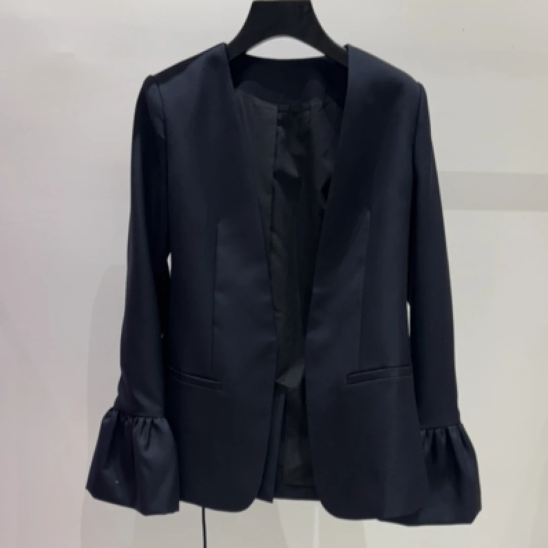 13 羊毛西服小喇叭袖藏青西装外套