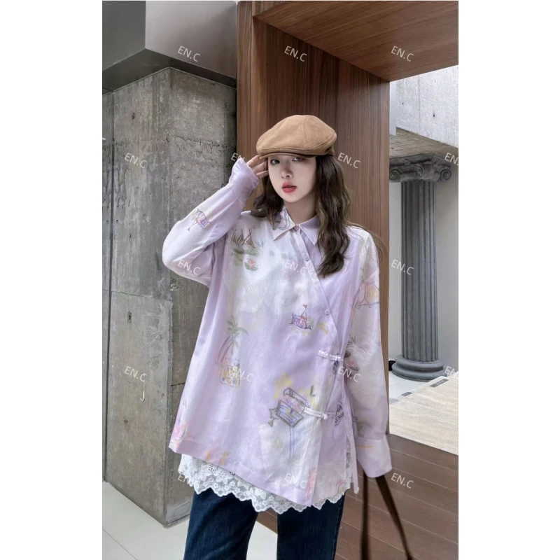 【粉紫色度假风盘扣衬衫】2025夏新品新中式宽松衬衫女