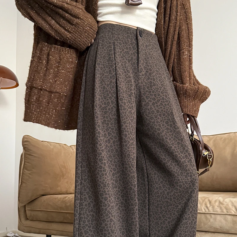 毛呢豹纹阔腿裤女秋冬2025新款高腰宽松垂感复古直筒休闲拖地长裤