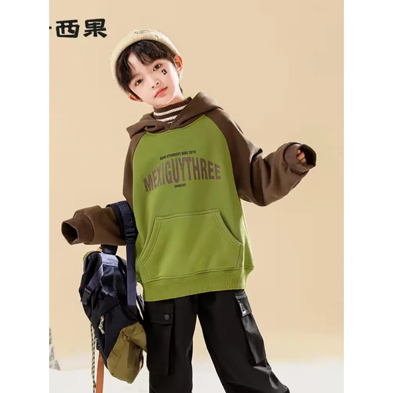 秋冬装2024新款男孩保暖上衣中大童连帽男童卫衣加绒儿童衣服童装