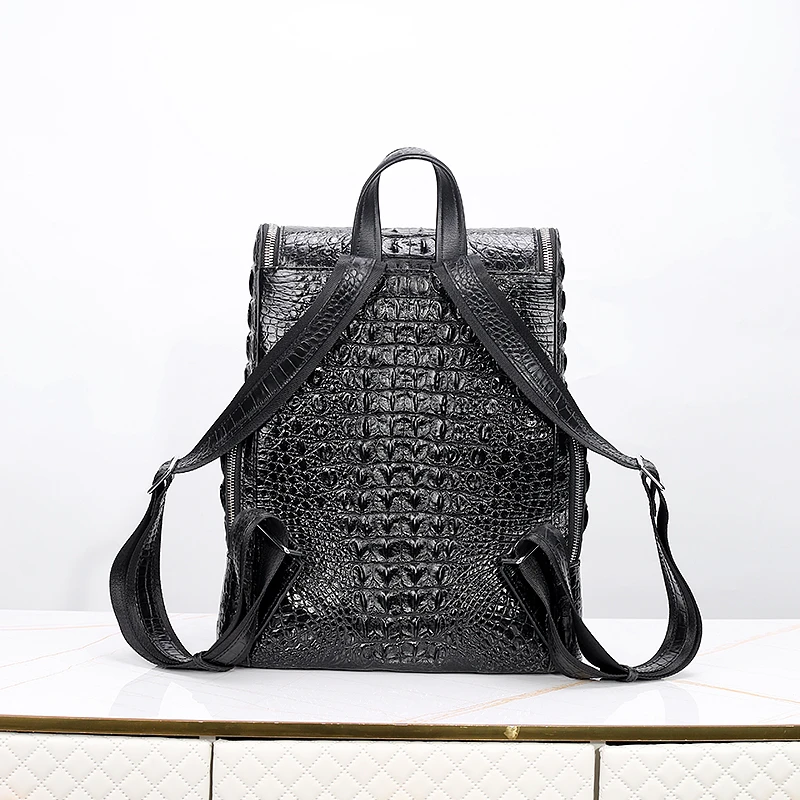 鳄鱼真皮全鳄骨皮男士双肩包 休闲百搭电脑包 黑色 GPSJB-012