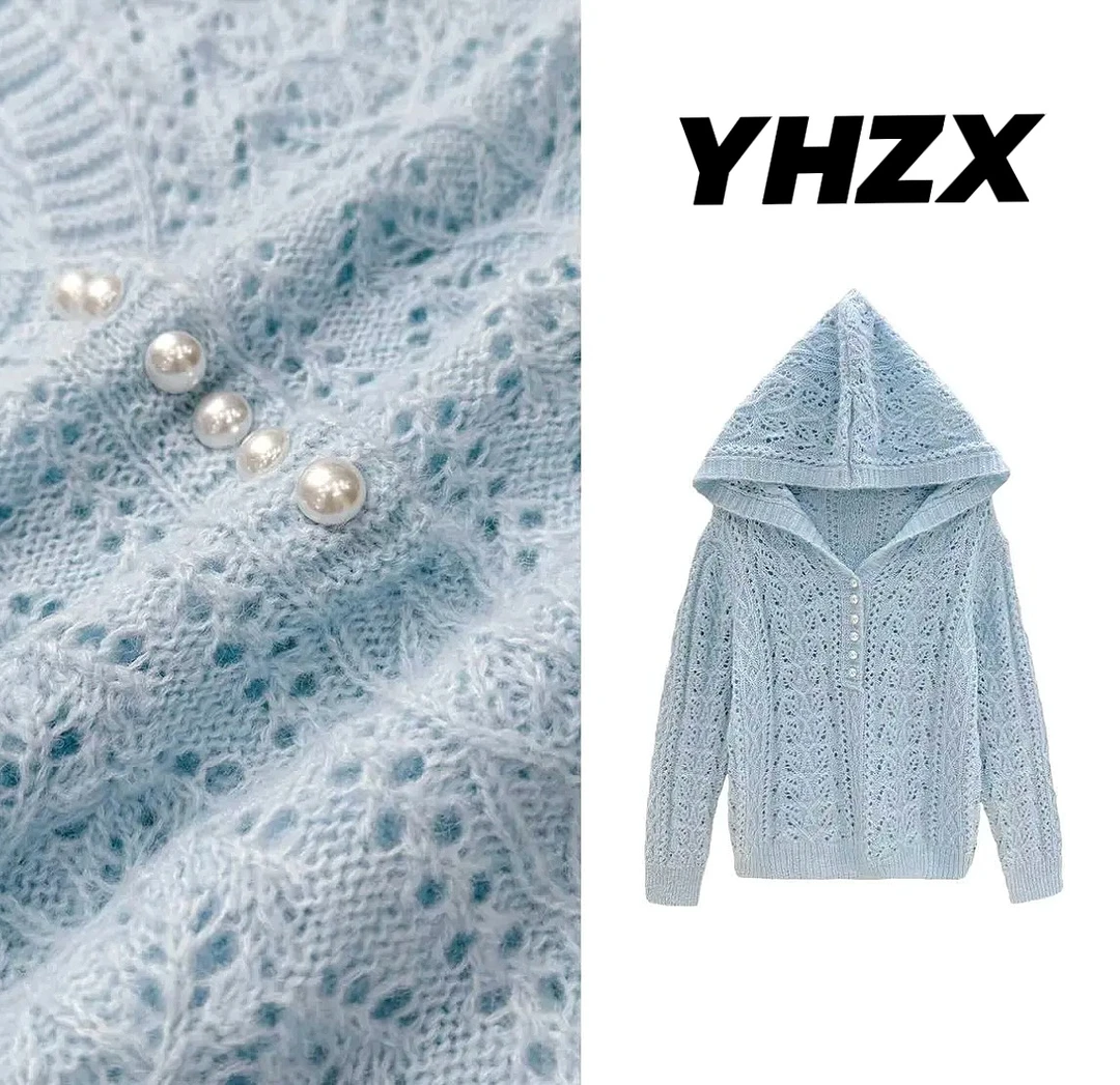 钩花镂空连帽针织衫女春季薄款毛衣2025年新款法式慵懒风长袖上衣