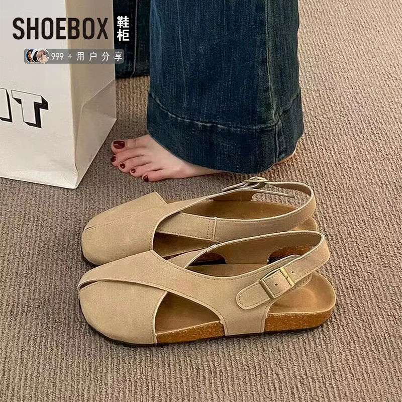 SHOEBOX鞋柜复古包头凉鞋女2025年夏文艺时尚厚底一脚蹬勃肯鞋