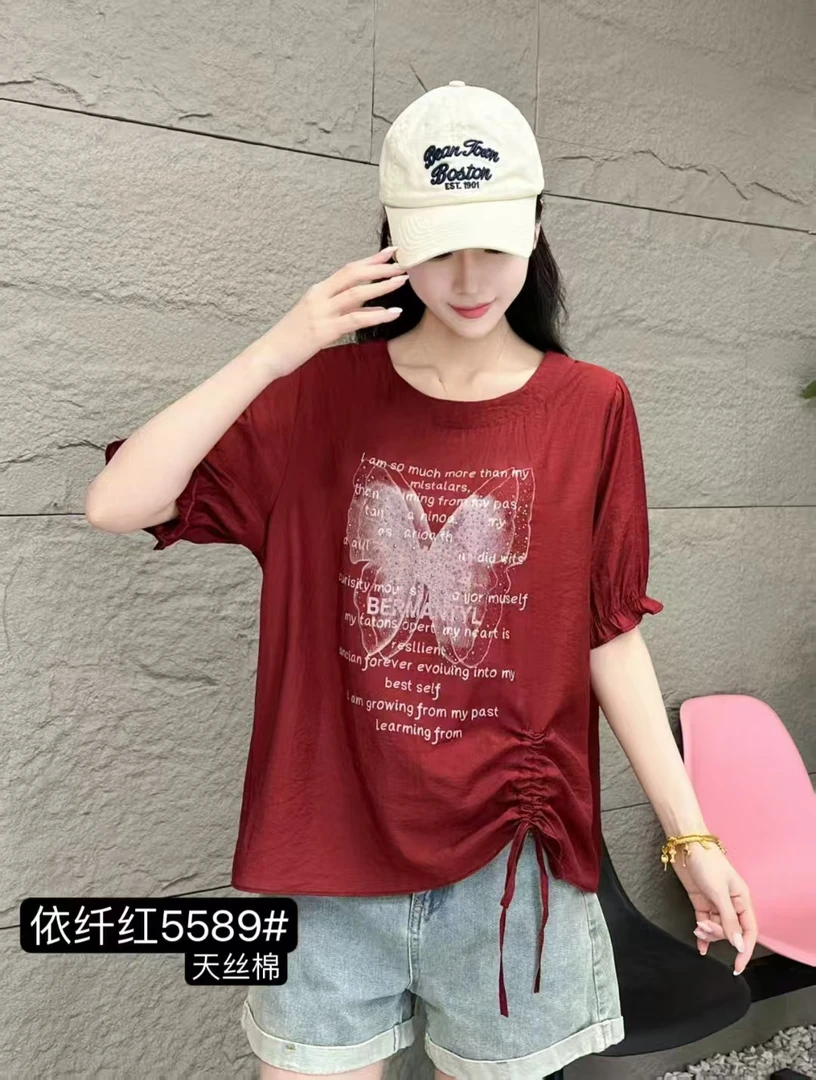 女士休闲宽松抽绳短袖T恤5589