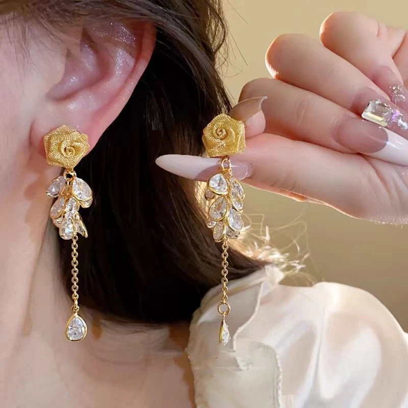 合金锆石耳饰 网纱玫瑰花闪锆流苏耳钉2025新款法式复古优雅耳环
