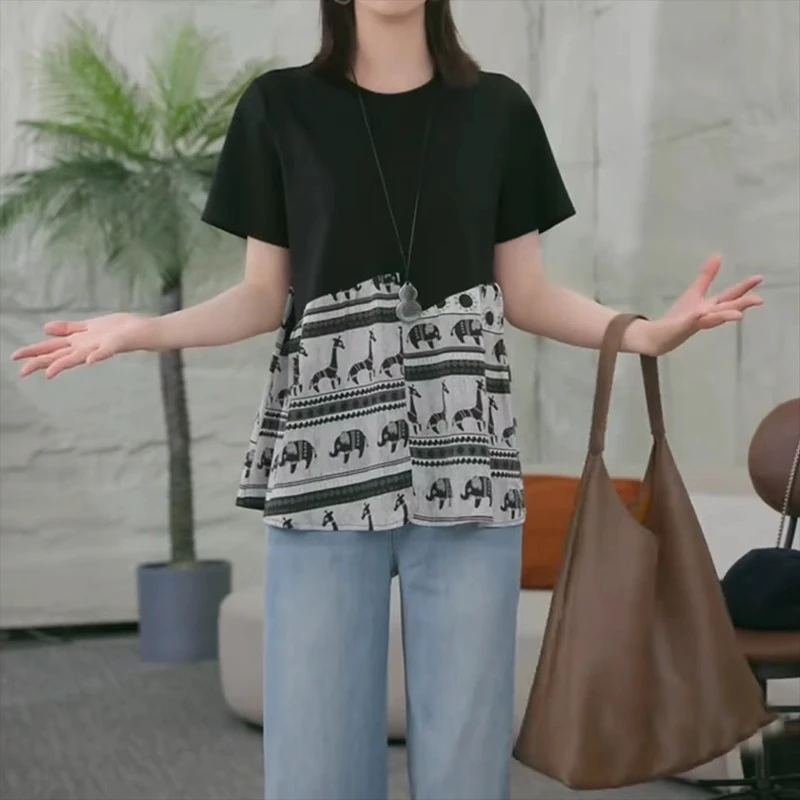 洋气印花拼接短袖T恤夏季薄款胖MM大码女装宽松显瘦气质百搭上衣