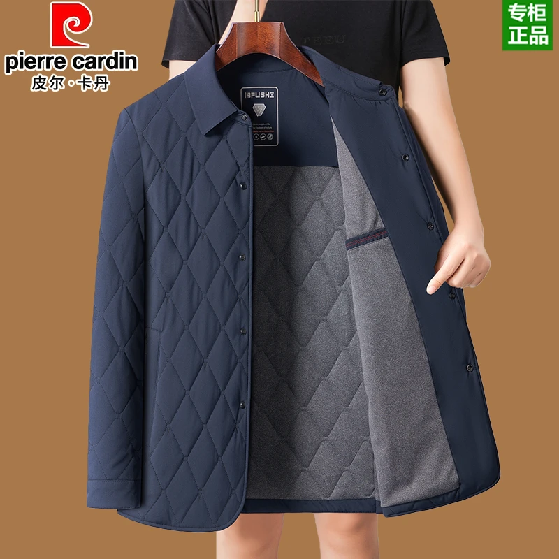 皮尔卡丹秋冬翻领棉衣男士桑蚕丝加厚商务休闲保暖外套中年上衣男