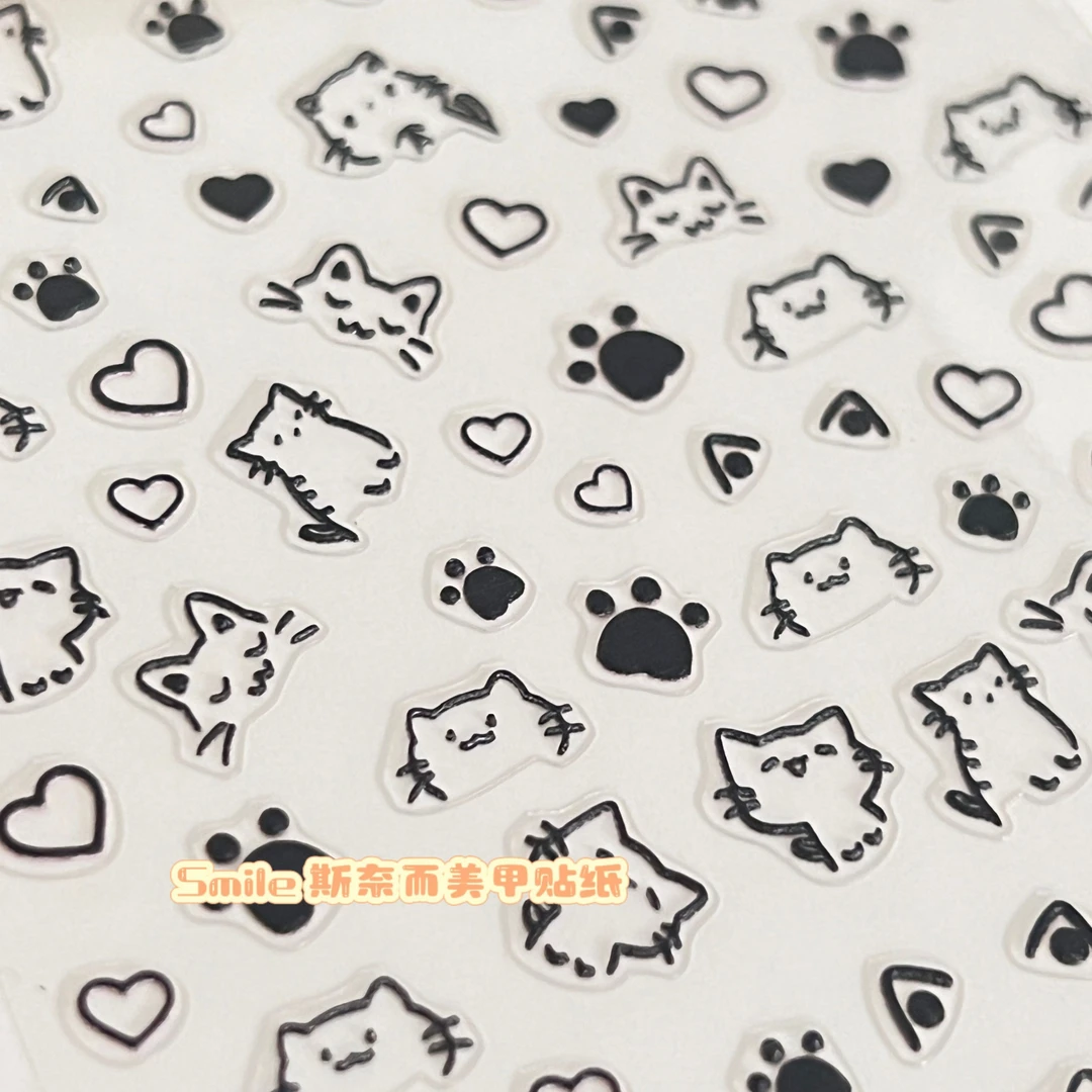 ins线条涂鸦猫猫镂空浮雕可爱美甲贴纸辣妹学生持久防水指甲贴纸
