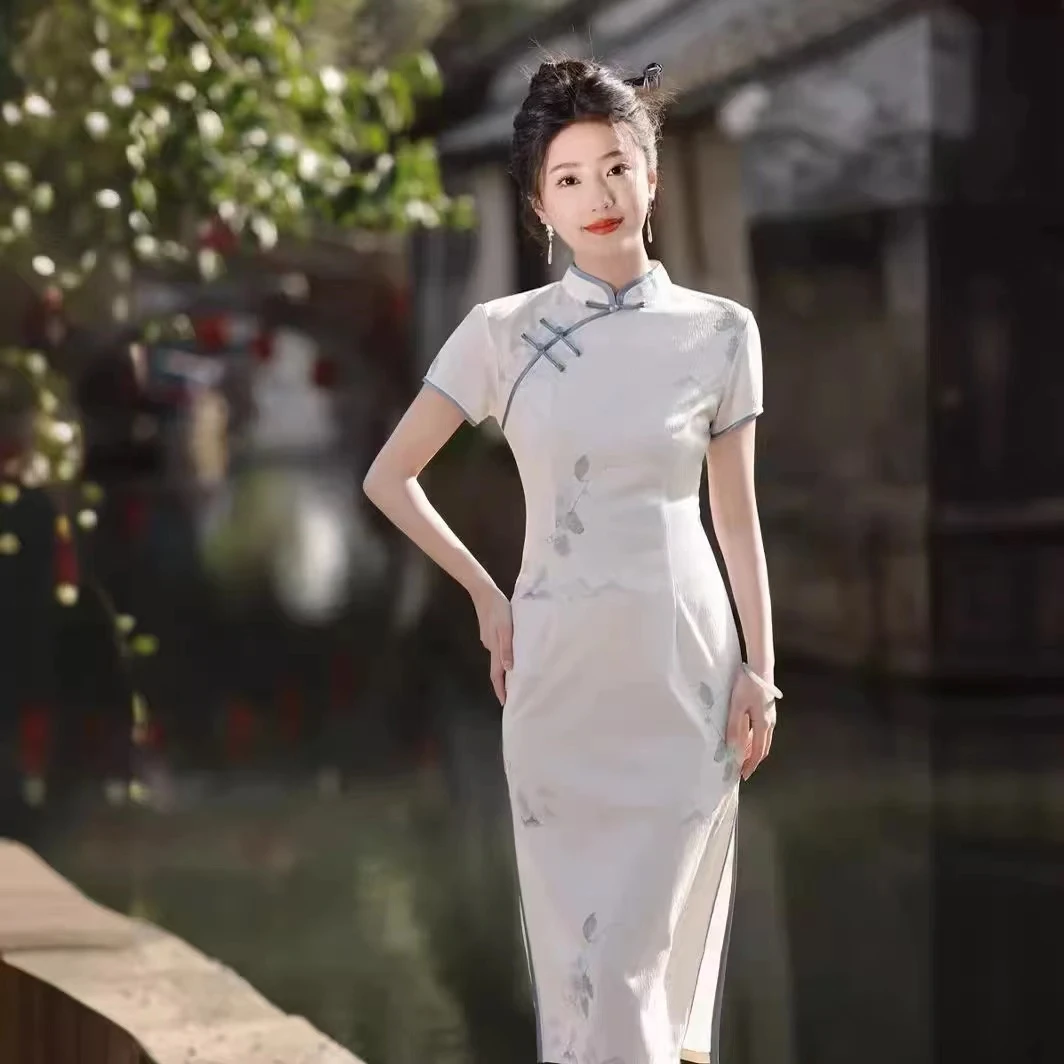 378-米白 小花  三扣 旗袍