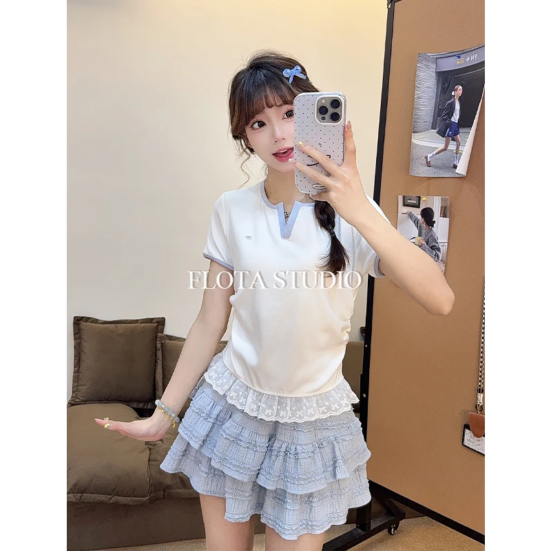 【flota】蕾丝花边拼接V领正肩针织短袖女温柔短款白色上衣1429