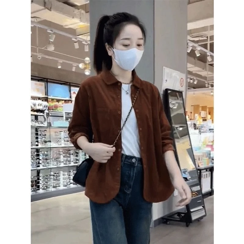 春秋新款高档纯色灯芯绒外套女衬衫休闲宽松条绒外套上衣外穿百搭