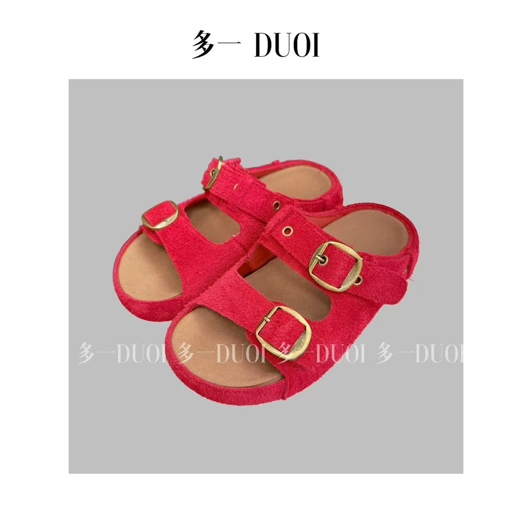 多一“厚底半拖”2025夏季休闲厚底磨砂皮一字扣设计露趾时尚凉鞋