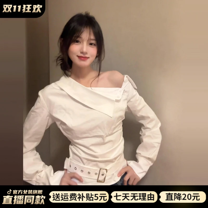 韩系氛围感斜肩褶皱衬衫2025早秋高级感宽松修身上衣韩系甜辣短袖
