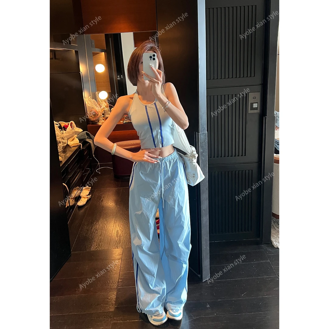 AYOBE小贤/海盐刨冰 美式街头酷辣风格条纹吊带宽松速干裤两件套