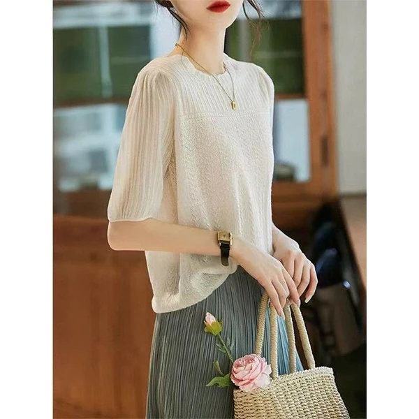胸96-140长56套头短袖薄款圆领毛针织衫百搭针织衫镂空上衣 9315