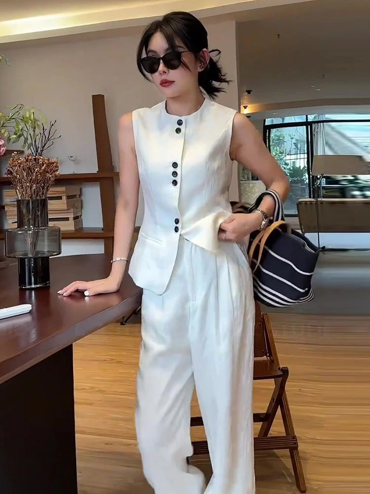 气质减龄穿搭一整套高级感减龄白色时尚百搭马甲阔腿裤套装女夏季