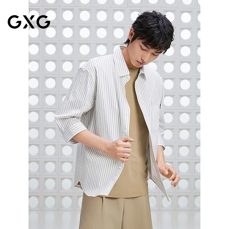 GXG男装 色织条纹七分袖衬衫通勤上装衬衣 25夏新品#G25D032018