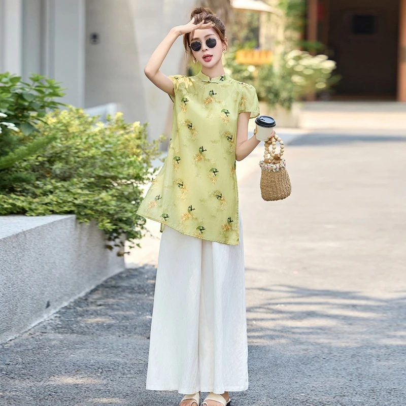 9833新中式盘扣旗袍上衣+阔腿裤两件套女欧货2025年夏季新款时尚