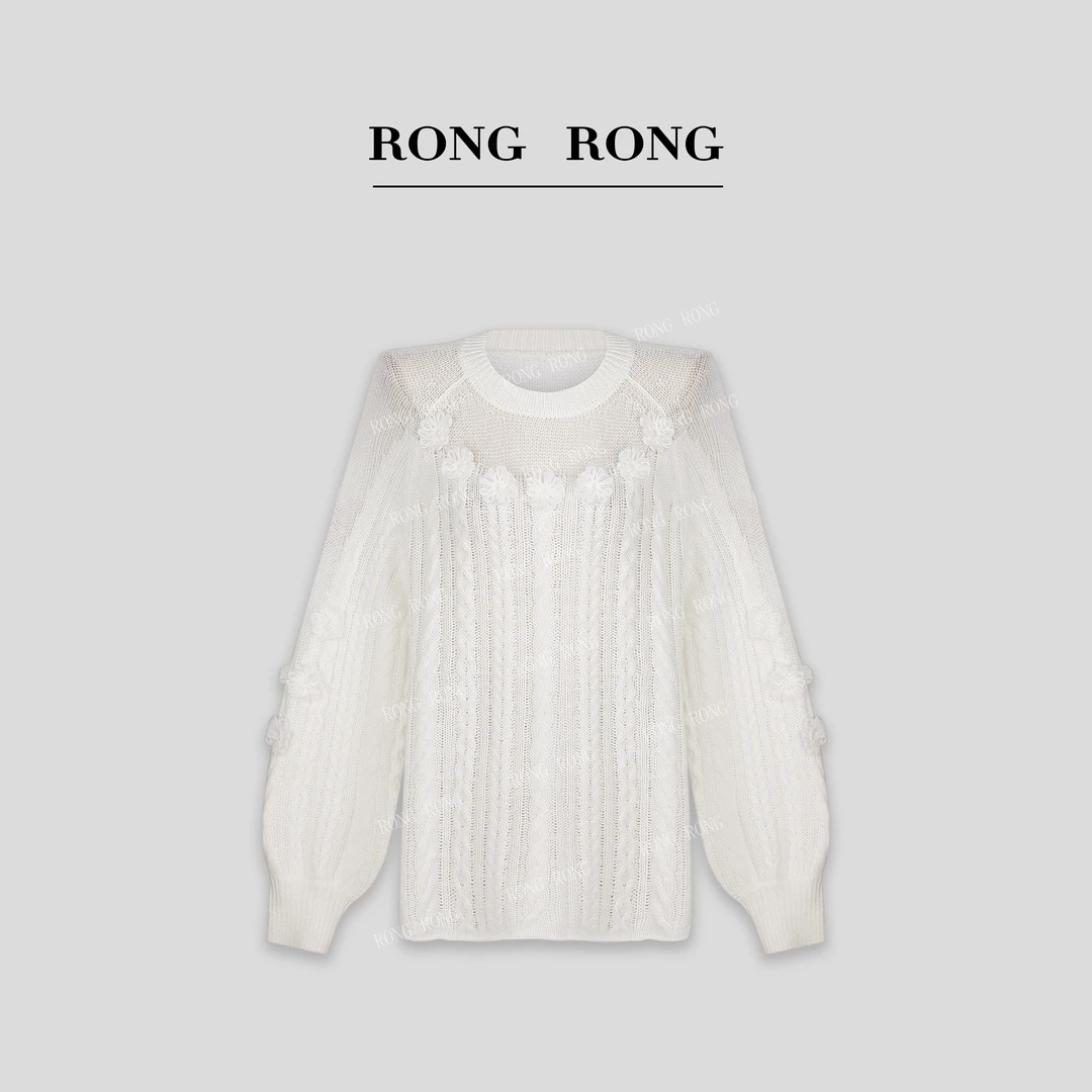 溶溶【慵懒风情】RONGRONG 绵羊毛莱赛尔山羊绒钩花镂空毛衣RR2923