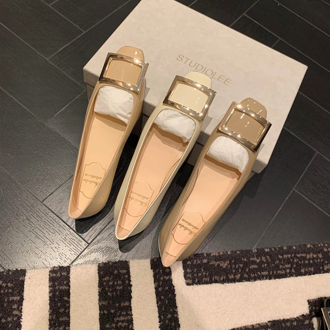 经典方扣小方头粗跟高级感漆皮高跟鞋通勤单鞋