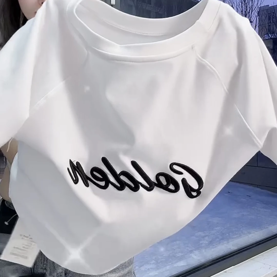 1111常规修身型字母刺绣圆领短袖T恤半袖休闲夏季显瘦女士设计感