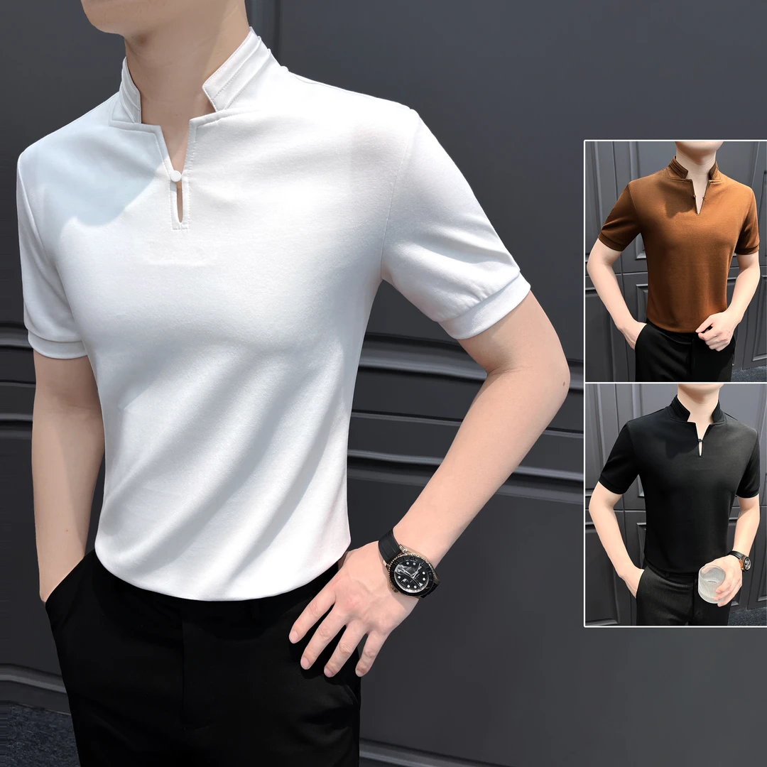 V领t恤短袖男款爆款2025新款夏季网红痞帅高级感新中式男士打底衫