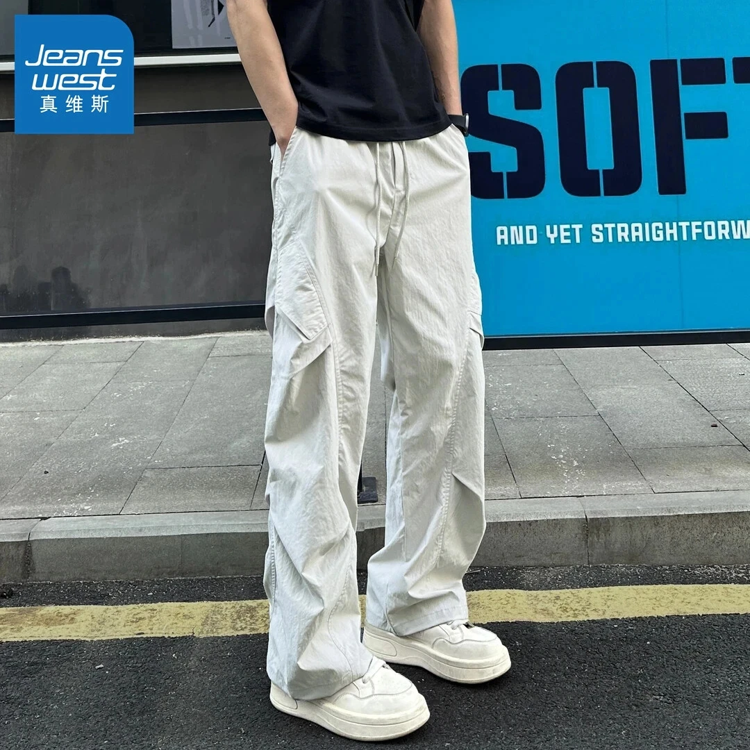 Jeanswest/真维斯冰丝速干工装裤男士夏季薄款宽松美式褶皱休闲裤
