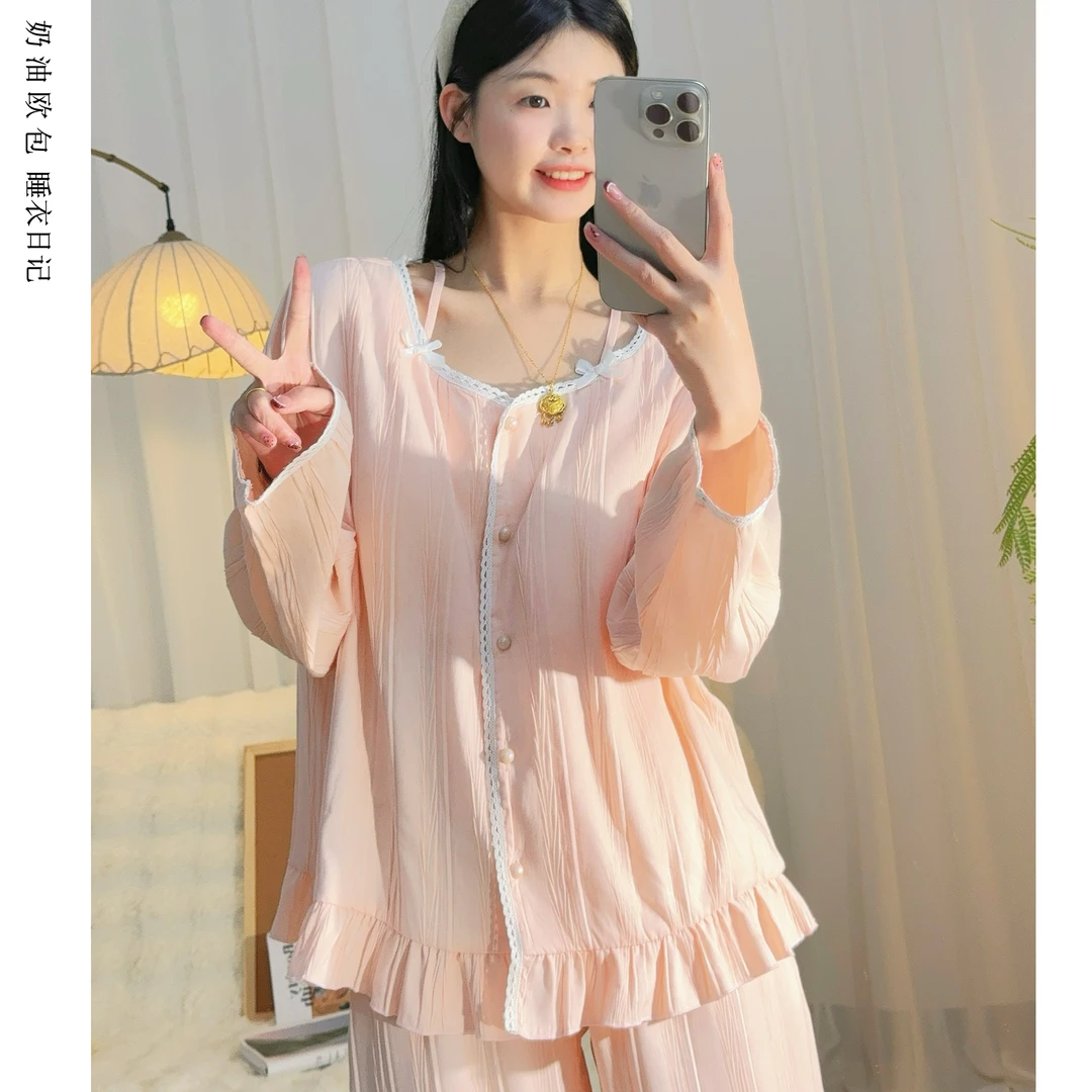 2025新款【带胸垫】春夏季薄款透气吸汗梭织条纹休闲家居服睡衣套装