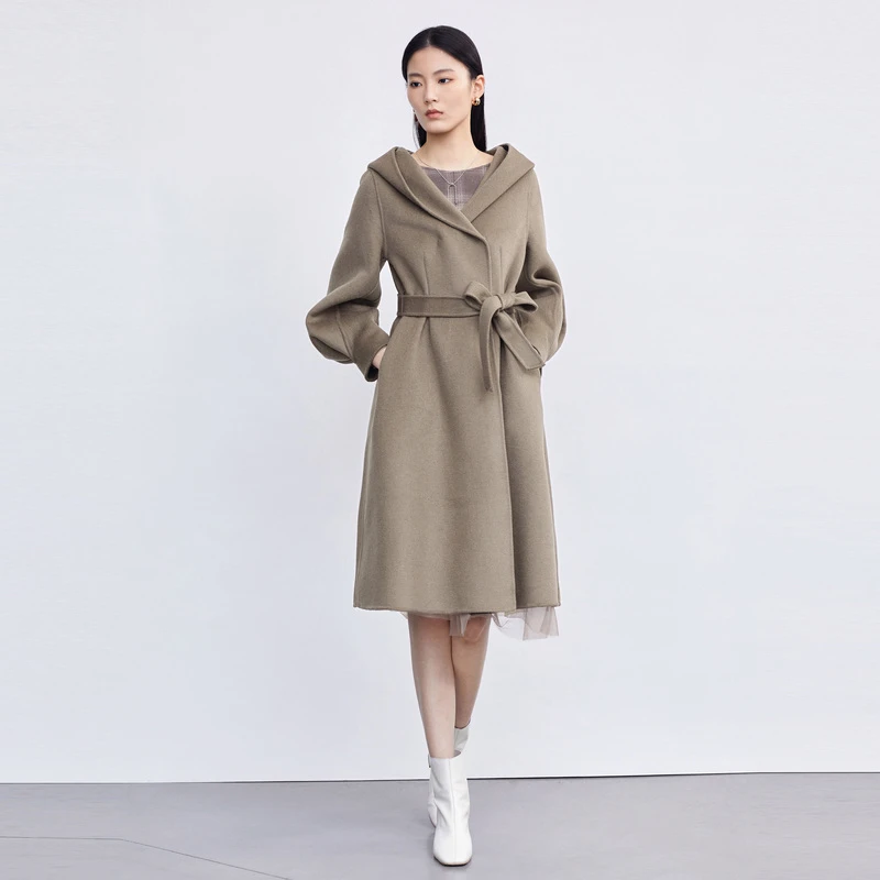 【丽公主】圣迪奥时尚气质女装休闲连帽收腰毛呢长款大衣S224Z2536