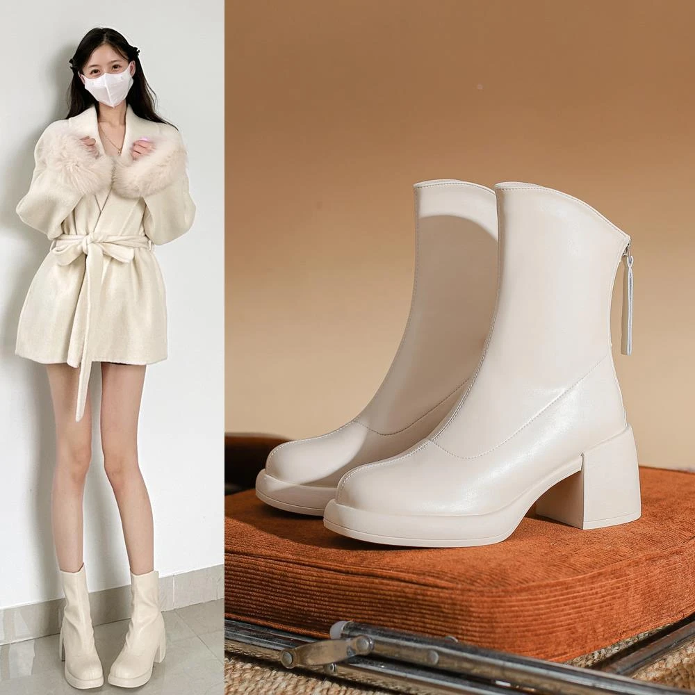 【官网小C&K旗舰店】小众粗跟短靴女春秋2025新款后拉链高跟小个