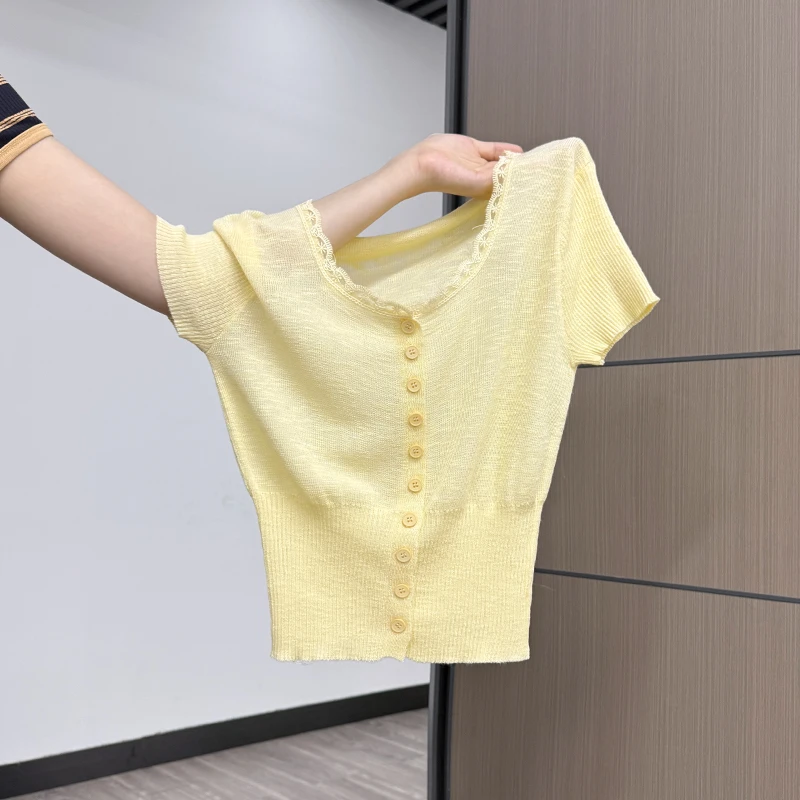 纯欲木耳边温柔短袖针织衫女2025夏季新款减龄修身设计感小众上衣