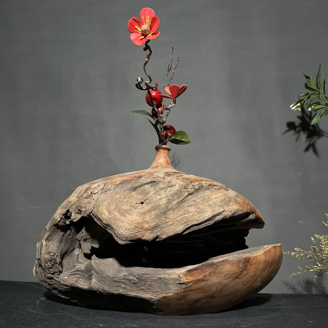 侘寂风实木禅意花瓶天然纹理木韵创意插枝成诗静美如画家居摆件