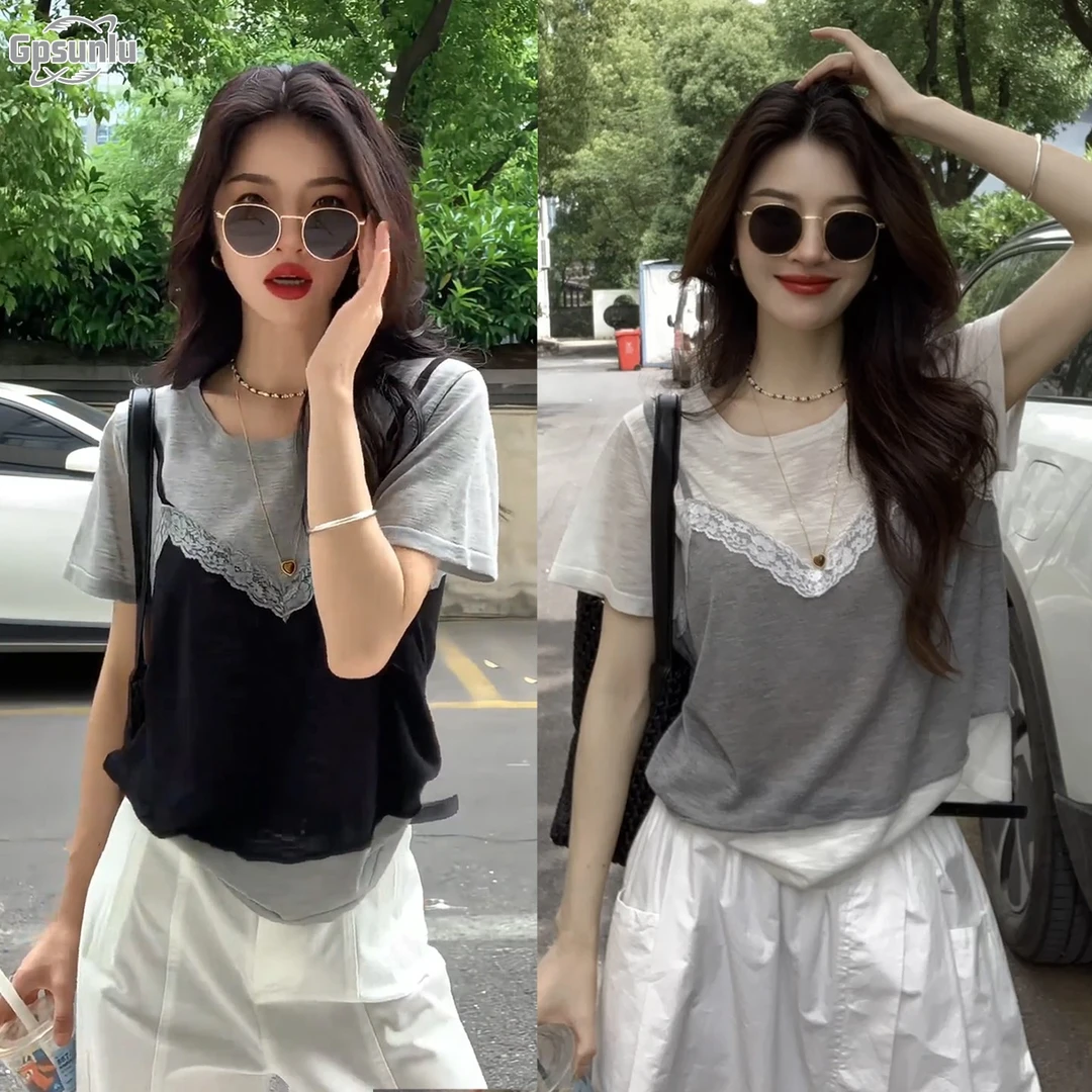 gpsunlu假两件拼接蕾丝吊带短袖恤女夏季新款设计感百搭薄款上衣