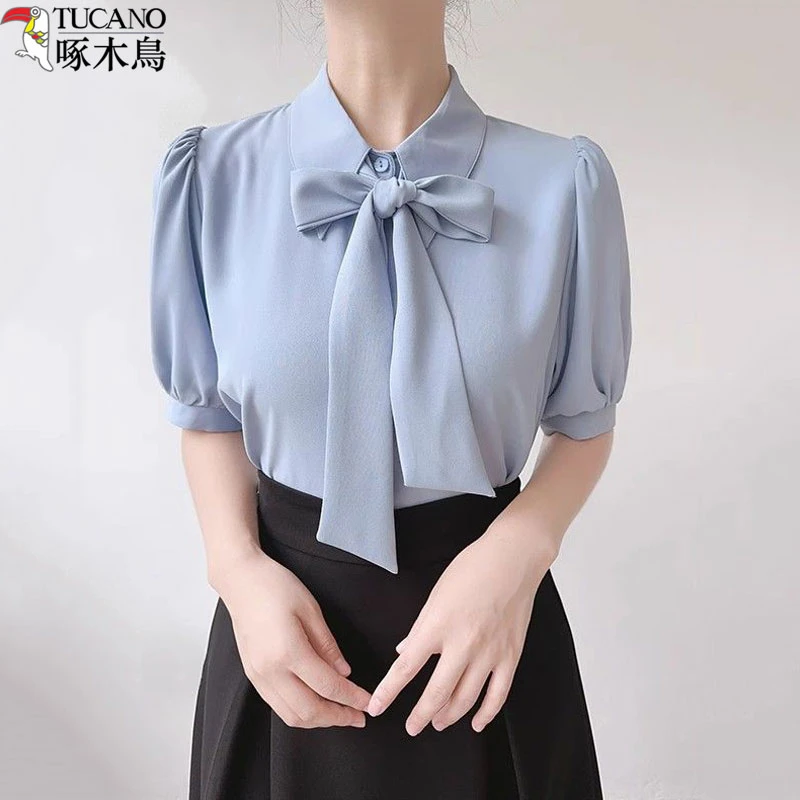 TUCANO/啄木鳥新款蝴蝶结缎面衬衫女气质通勤飘带职业短袖上衣