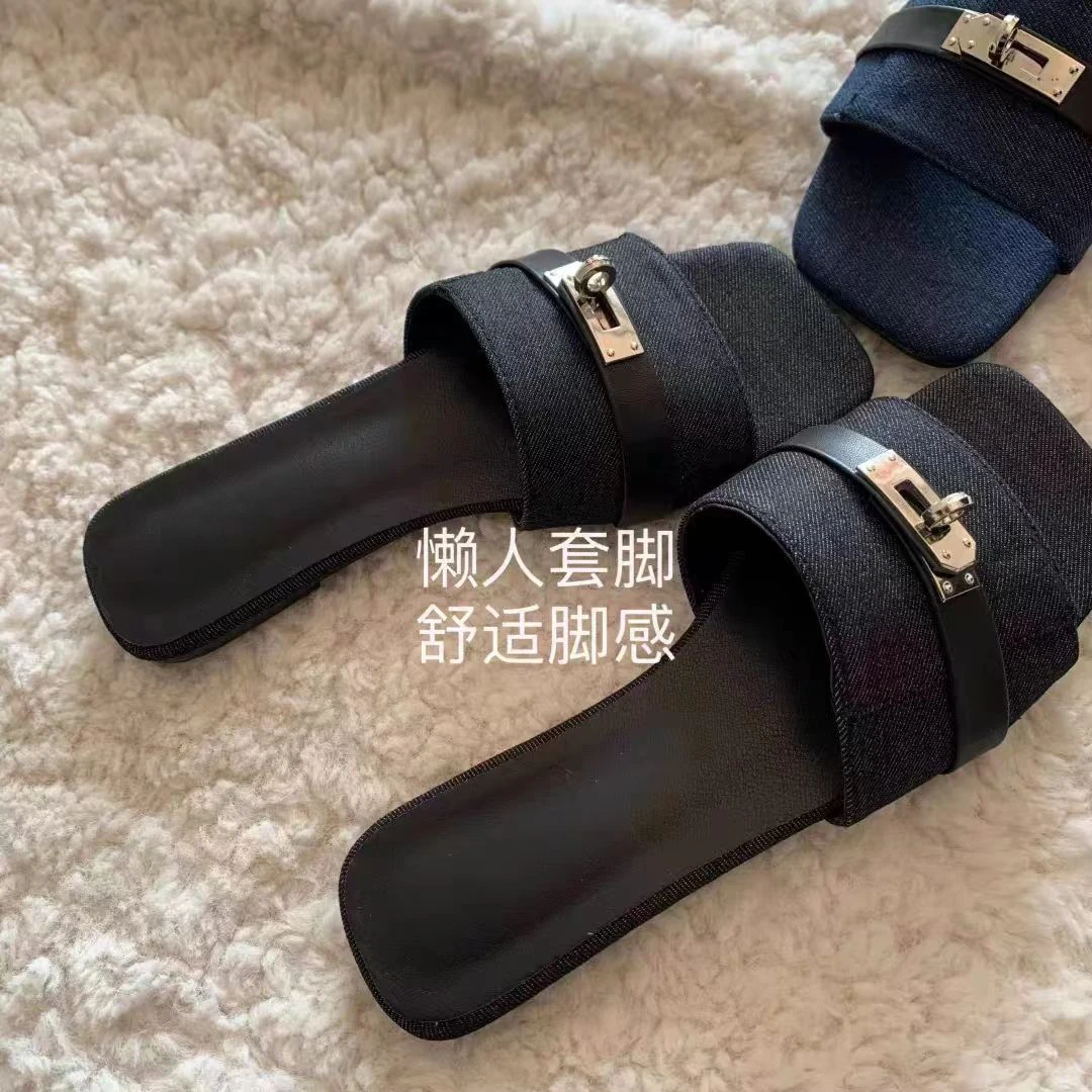 INS外穿舒适百搭女夏季牛仔布锁扣沙滩凉拖鞋