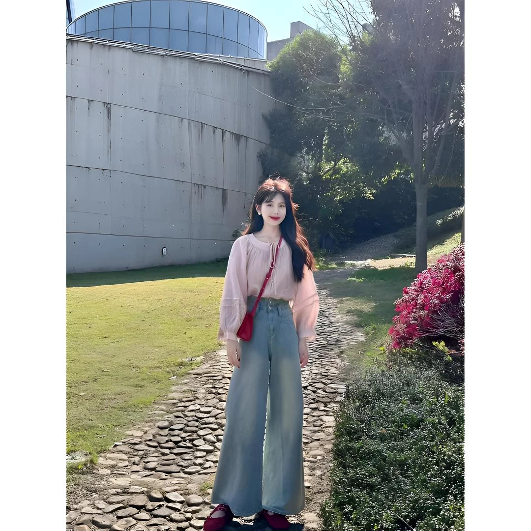 韩系气质宽松甜美气质绑带复古设计感衬衫女装牛仔裤早春新款粉色