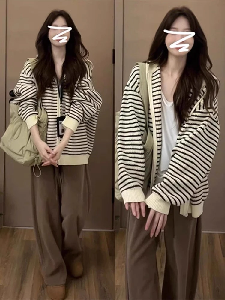 撞色条纹连帽针织开衫女2025秋冬宽松慵懒风遮肉毛衣外套大码上衣