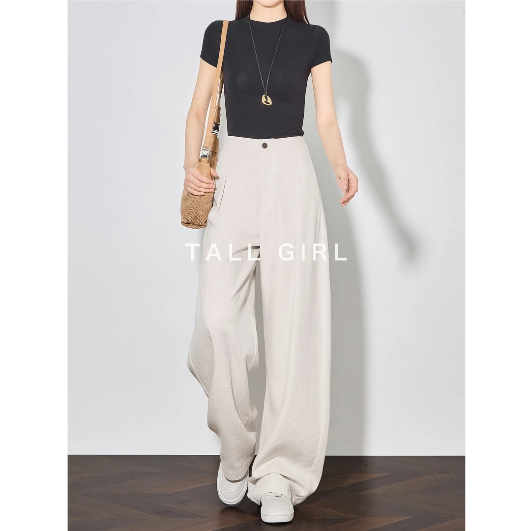 夏季薄款米白色亚麻西装裤女香蕉裤天丝加长高腰西裤高个子丨7008