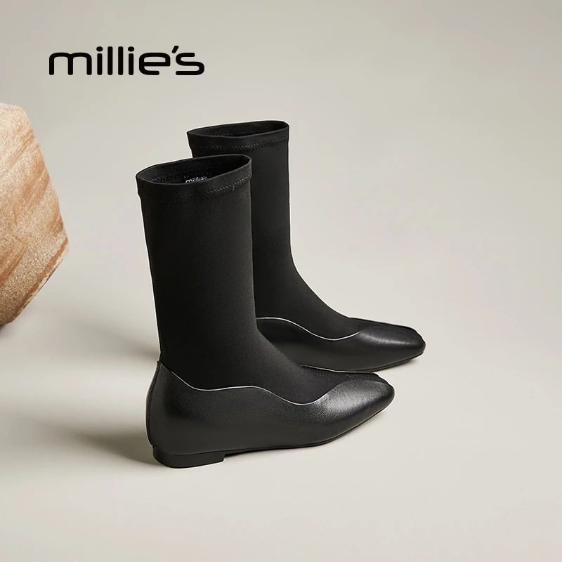 妙丽尖头胶粘方头秋冬季短筒弹力靴袜靴长筒短靴休闲风