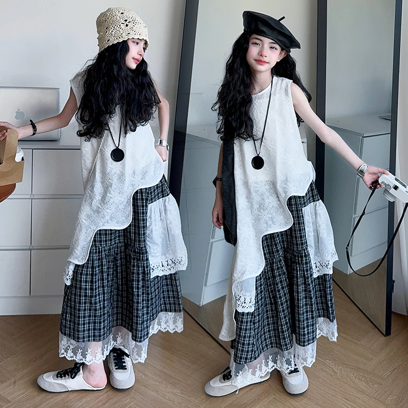 女童夏季韩系不规则半身裙套装2025新款蕾丝罩衫内搭格子裙三件套