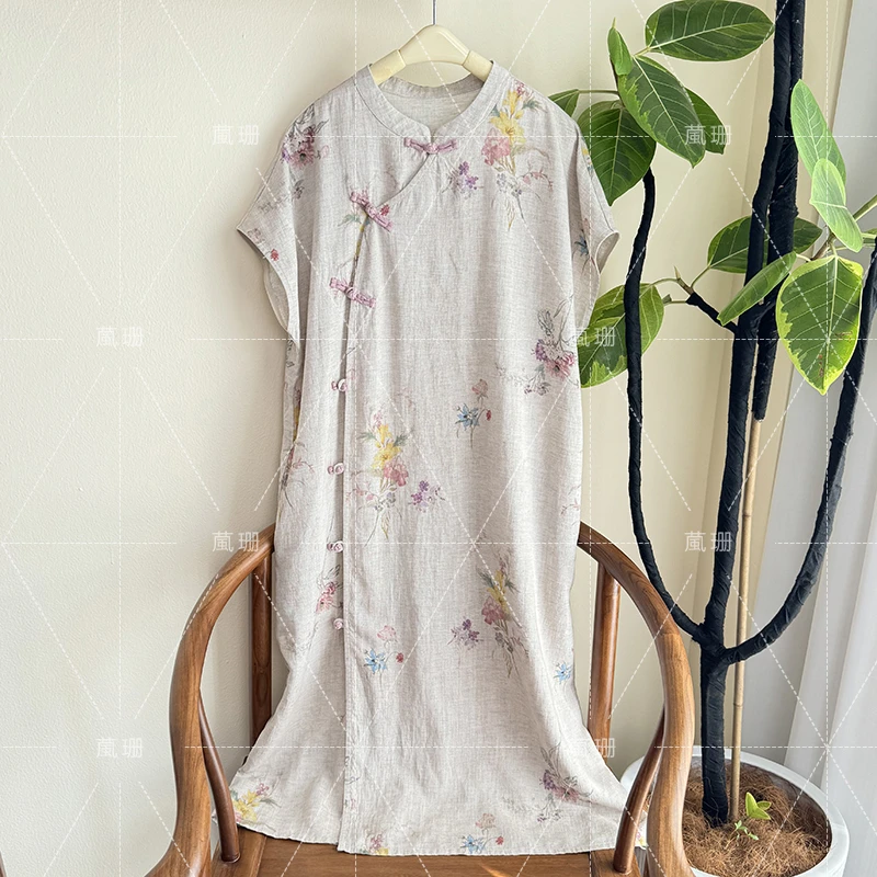 【鸢尾旗袍】夏季天丝亚麻印花植物系斜襟盘扣连衣裙52480