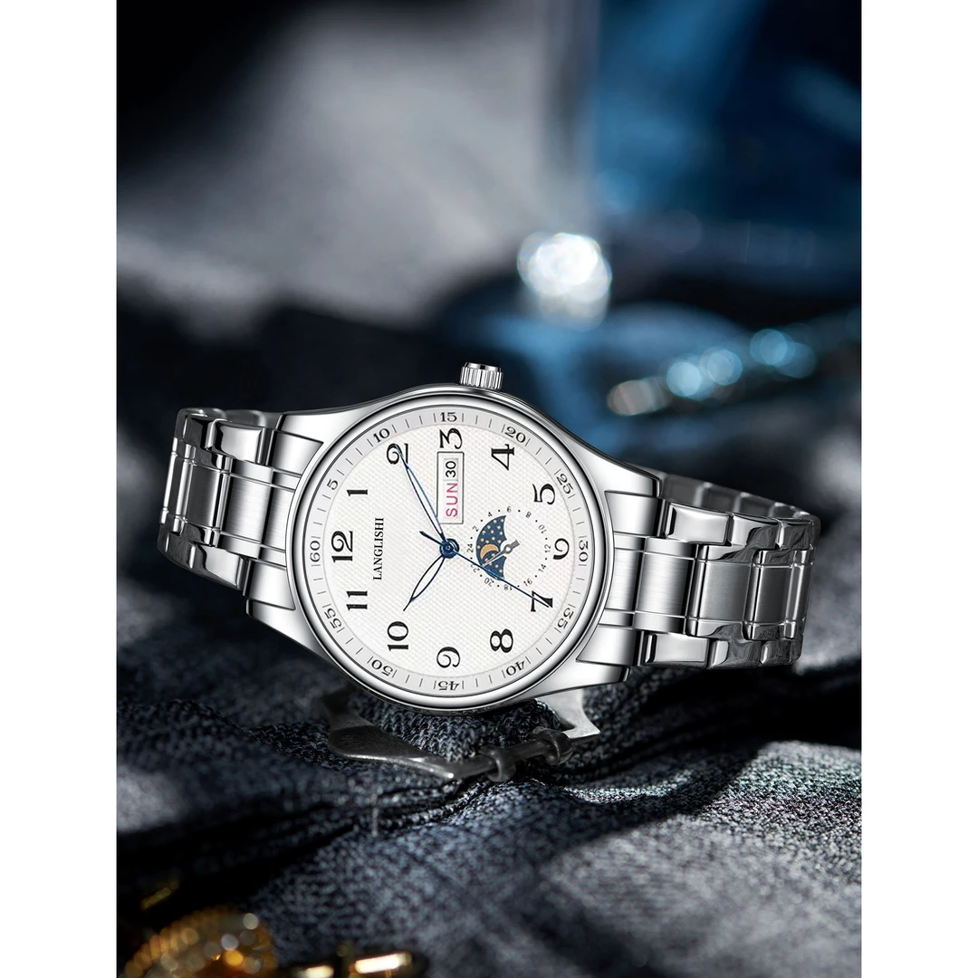 【云仓直发】男士经典白盘双日历月相手表数字钢带夜光腕表LL005